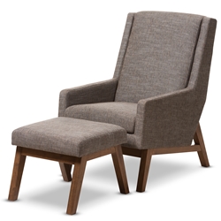 Baxton Studio Aberdeen Mid-Century Modern Walnut Wood Finishing and Gravel Fabric Upholstered Lounge Chair and Ottoman Set